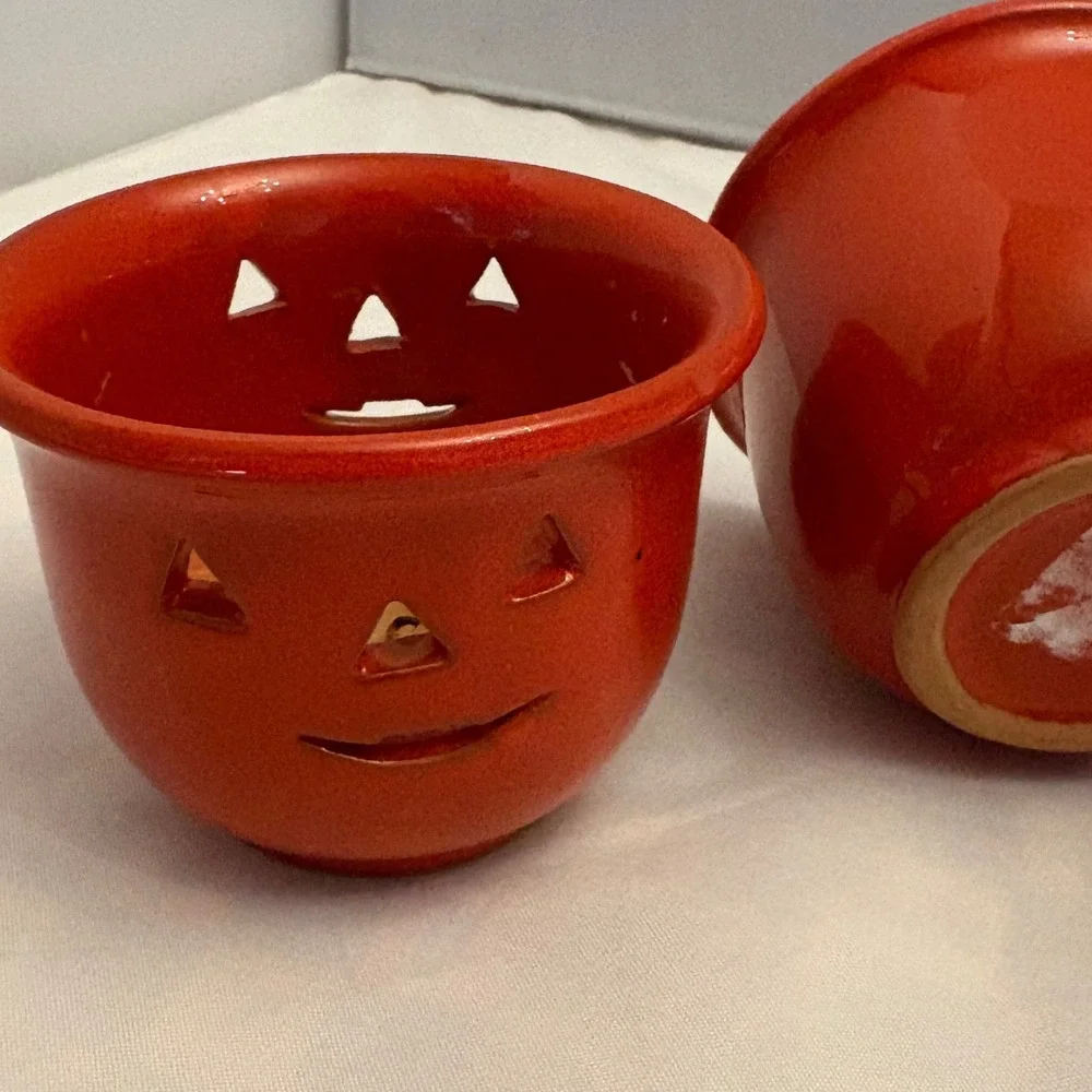 Pier 1 Imports 1990 Ceramic Pumpkin Tealight Holders Halloween Decor Fall Candle